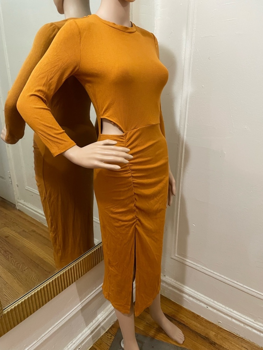 Walter Baker Rust-Orange Long Sleeve Ruched Midi Dress